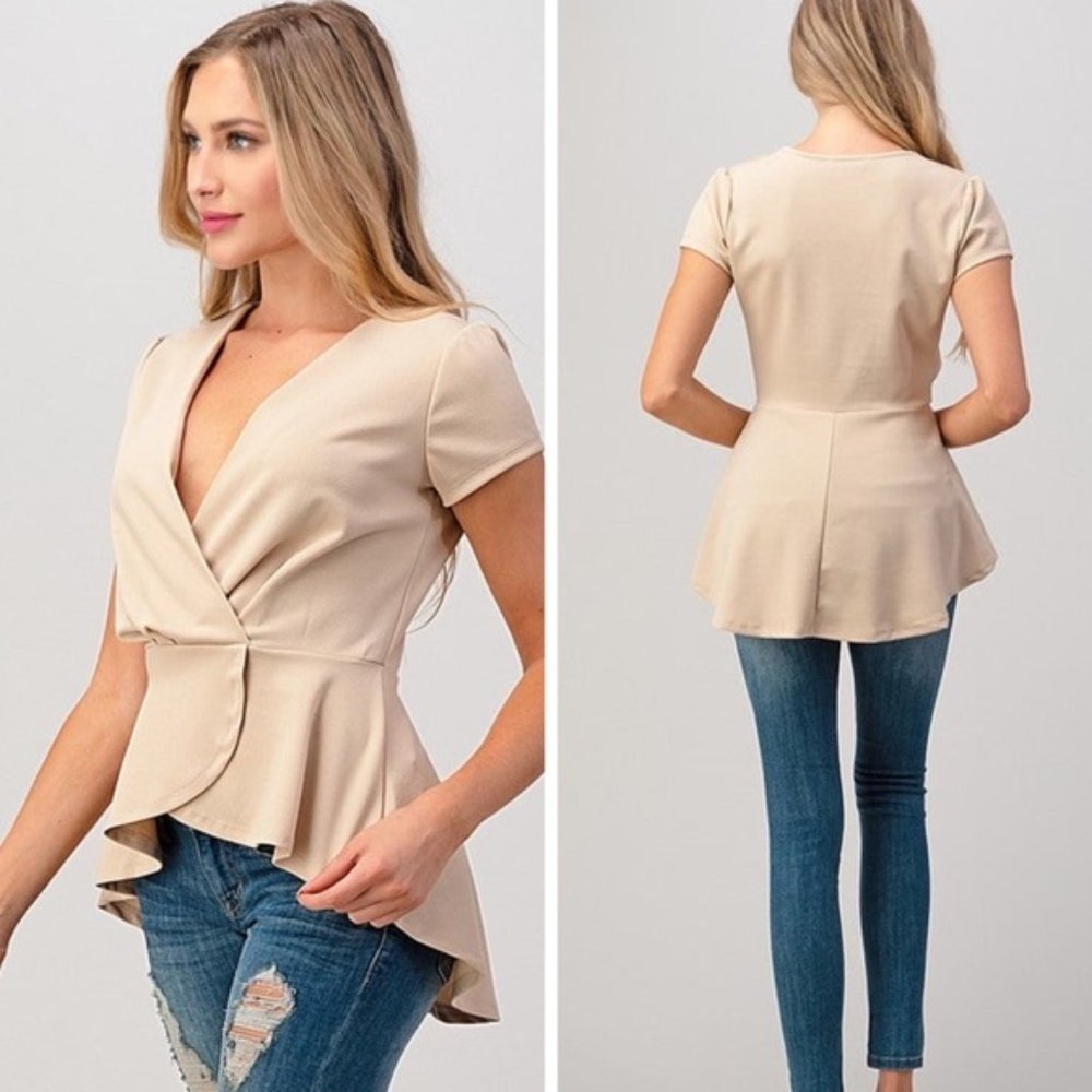Beige Short Sleeve Blouse - Picture 1 of 4